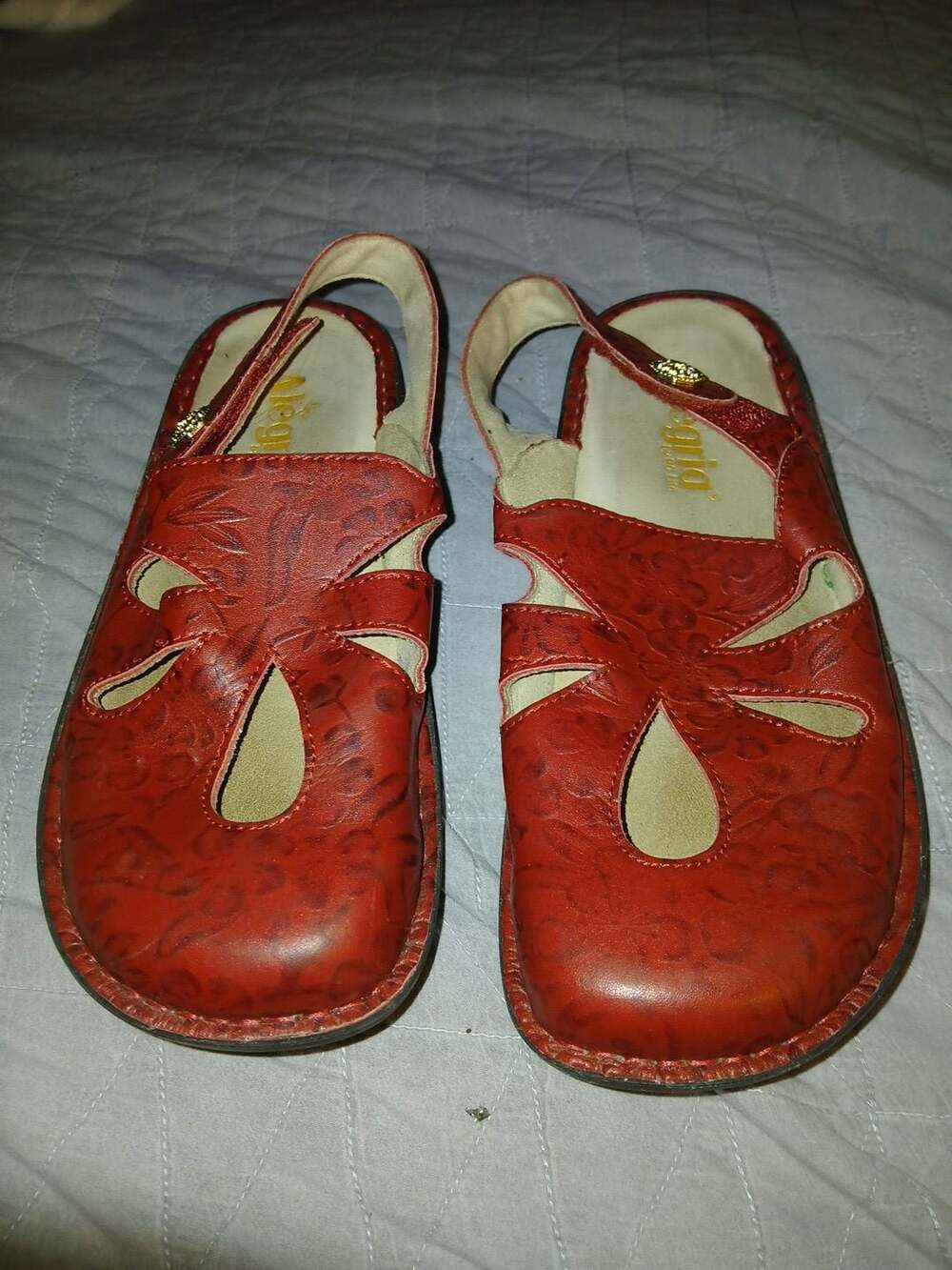 Alegria Linda Red Embossed Floral Leather Slingback Sandals